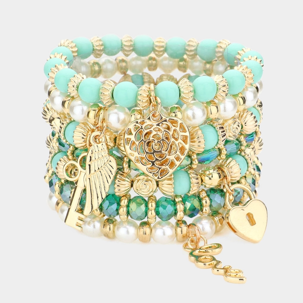 Turquoise Gold Beaded 7 PC Charm Bohemian Stack Stretch Layered Bracelets Strand